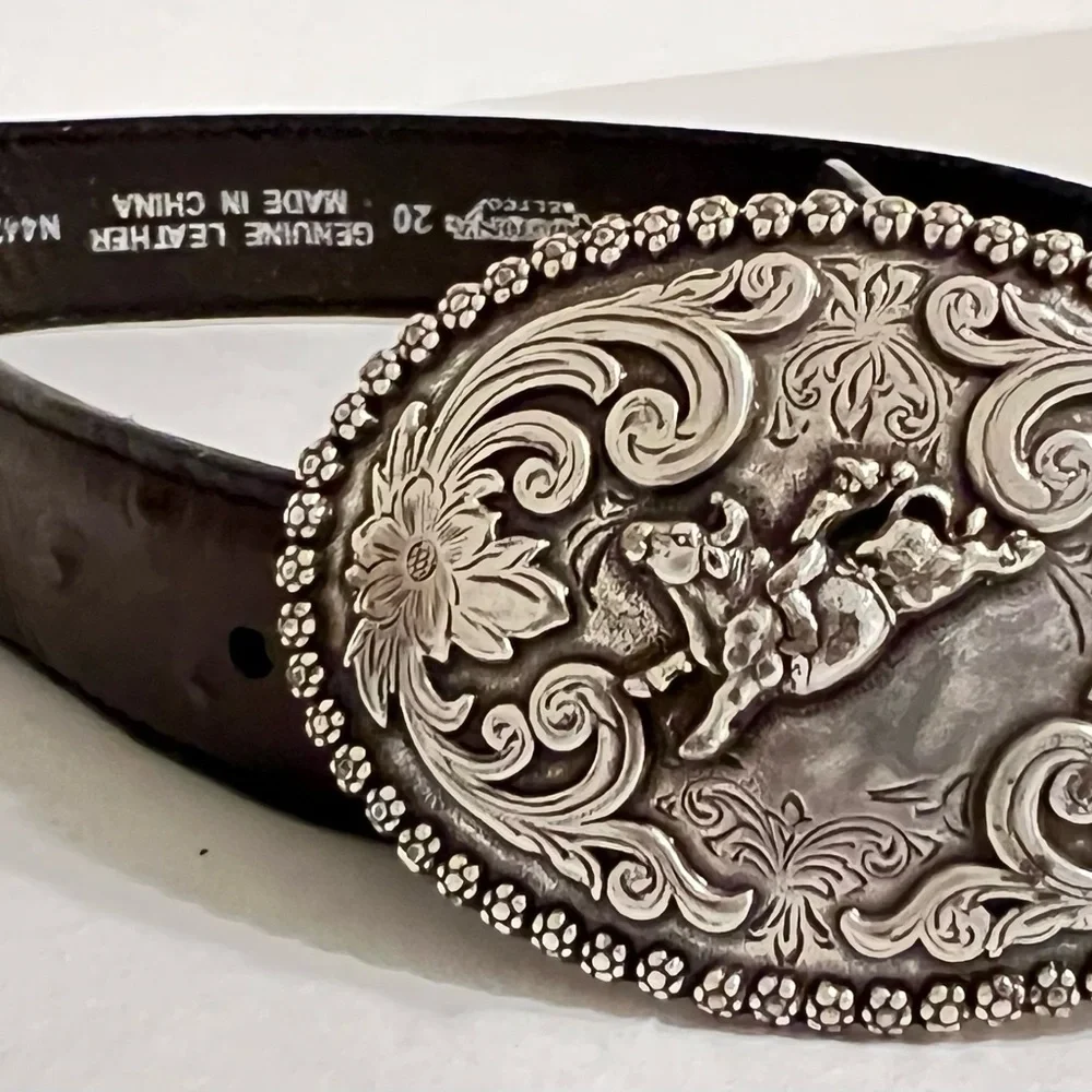 Nocona Boys Aces Buckle Western Dark Brown Belt Ornate Silver Buckle Ostrich